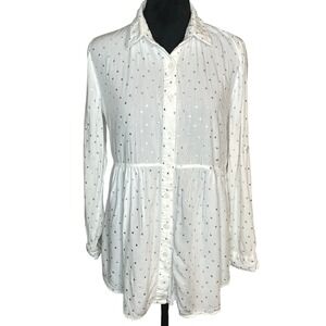 Solitaire Long Sleeve Foil Hearts Button Front‎ White Blouse Roll Tab Sleeve Sm